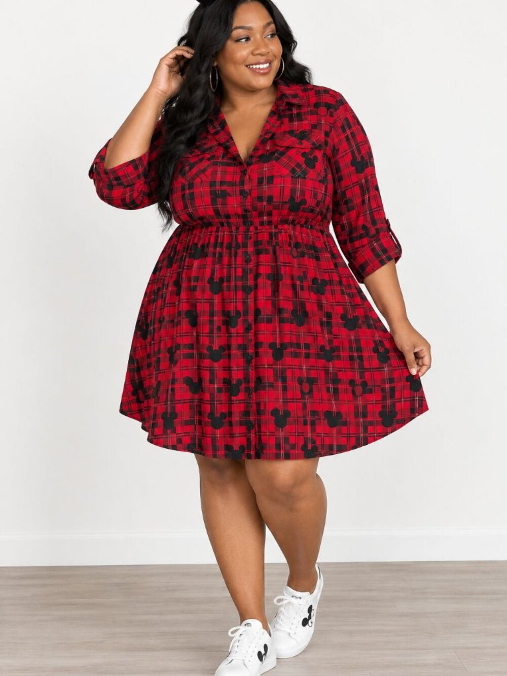 Torrid x Disney Mickey Mouse Shirt Dress 2X Red Plaid Button Front Grunge
